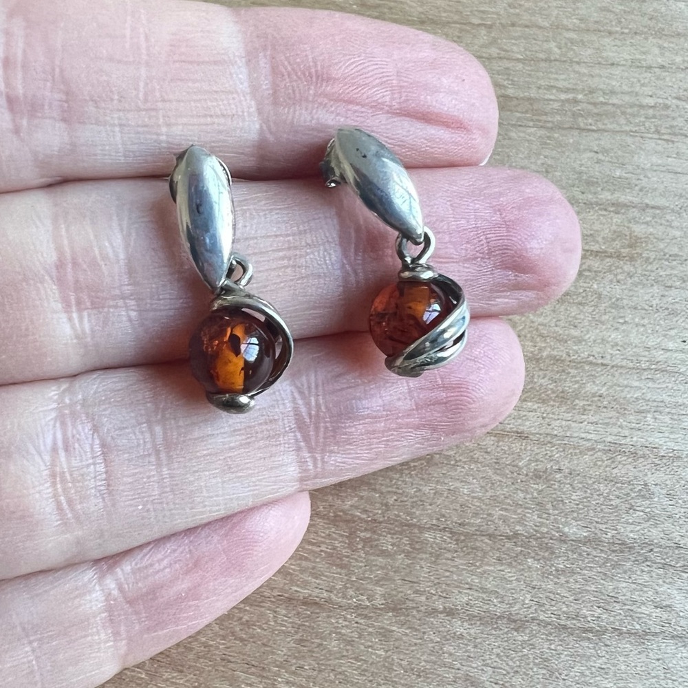 925 Sterling silver amber bead dangle Earrings on posts
